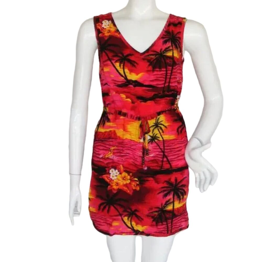 Vintage HAWAIIAN Dress, S/M, Mini, Bright Color, Tank style, drawstring waist